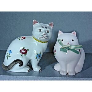 Vintage White Floral Cat Figure Porcelain Bow Chubby Hand painted Home Deco